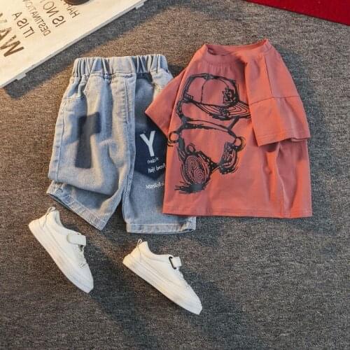 2021 High Quality Summer New Thin Clothes Boys Short-sleeved Suit Two-piece Childrens Casual Wear Loose Jeans Suit