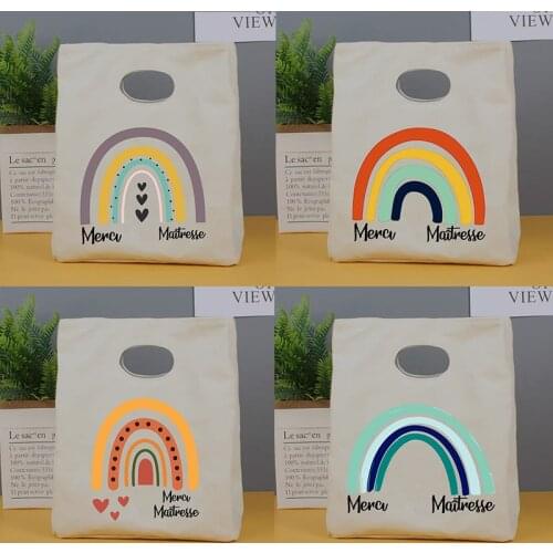 French Rainbow Portable Lunch Bags Thermal Insulated Bento Box Tote Cooler Handbag Dinner School Food Storage Pouch Teacher Gift
