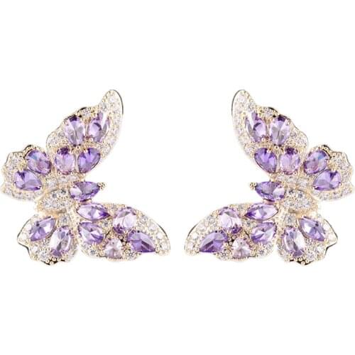 FXLRY Elegant Luxury Micro Inlaid Zircon Pink /Purple Butterfly Stud Earrings For Women Jewelry