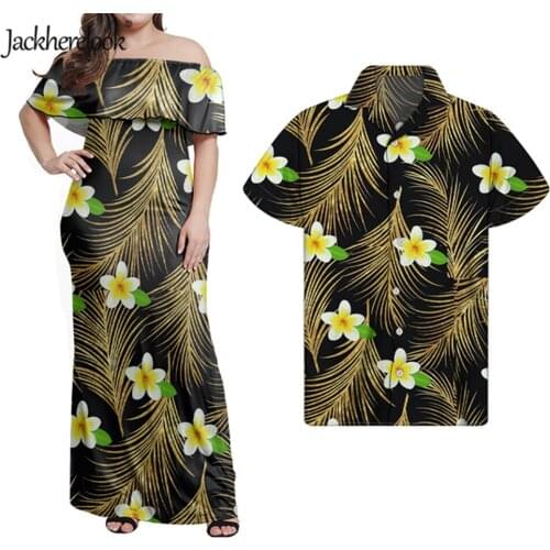 Jackherelook Tropical Floral Women Off Shoulder Dress Polynesain Hibiscus Plumeria Print Short Sleeve Clothes Outfits Couple Set