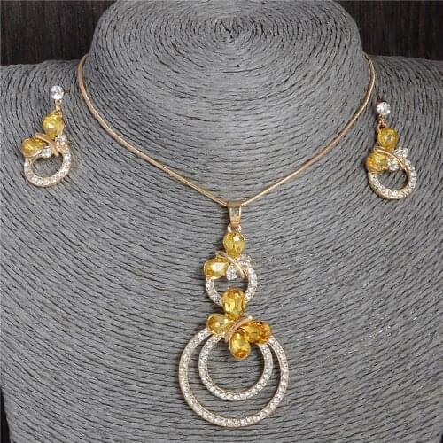 Fashion Big Circle Shiny Rhinestones Necklace Earrings Women Jewelry Set Elegant Luxury Gold Color Design New Wedding Jewelry