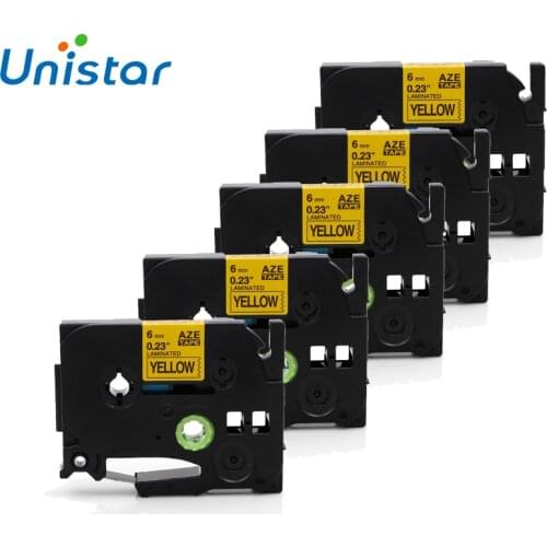 Unistar 5pcs tape 6mm compatible for Brother P-touch Printer Labe Tape Tz-611 Black on Yellow TZe P-touch Tze611 Printer Ribbons