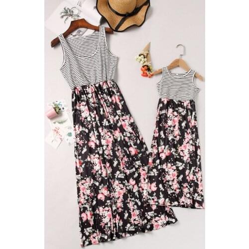 Summer Mom and Daughter Dress Fashion Striped Sleeveless Flower Splice Long Dresses Family Look Mother Daughter Matching Clothes