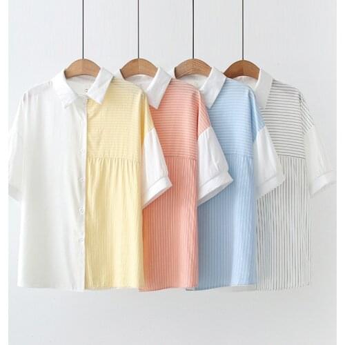 Summer Womens Cotton Striped Shirt Patchwork Basic Blouse Casual Short Sleeve Loose Female Tops Clothes