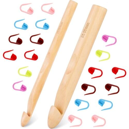LMDZ Wooden Crochet Hooks,15/25mm Wooden Handle Crochet Hook with 10 pcs Knitting Stitch Markers for Handcraft Crocheting