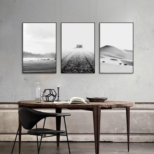 Minimalist Landscape Mountain House Tree Lake Desert Canvas Nordic Painting Wall Frameless Picture Poster Living Room Decoration