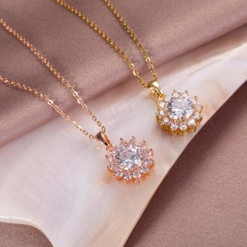 Fashion Zircon Sunflower Pendant Necklace For Women Girls Plant Copper Charms Stainless steel Chain Choker Jewelry Party Gifts
