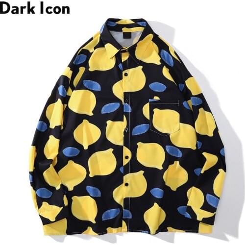 Dark Icon Lemon Full Print Long Sleeve Mens Shirt Autumn Turn-down Collar Plus Size Shirts for Man Black White