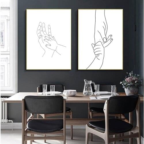 Hands Line Drawing Art Print Nursery Wall Decor , Mom Baby Hands Minimalist Wall Art Canvas Painting Nordic Poster for Kids Room