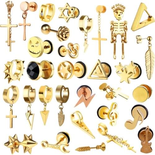Punk Gold Color Stainless Steel Stud Earrings For Women Men Small Skeleton Chain Cross Lightning Pendant Ear Jewelry Earrings
