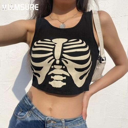 IAMSURE Cool Dark Pattern Printed Ribbed Tanks Y2K Aesthetic Sexy Sleeveless Crop Tops Women 2021 Fashion Casual Streetwear Vest