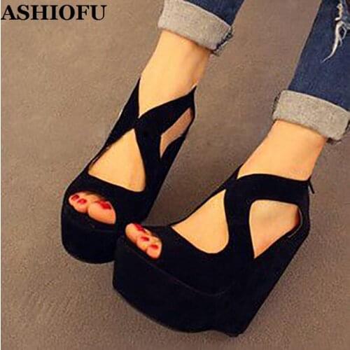 ASHIOFU New Handmade Ladies Wadge Heel Sandals Big X-style Party Prom Dress Shoes Peep-toe Evening Fashion Sandals Shoes
