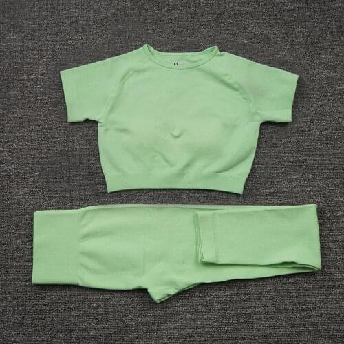 2 Piece Sets Women Ribbed Yoga Sets Fitness Short Sleeve and Seamless High Waisted Sports Leggings Workout Clothes Tracksuit