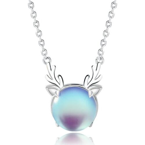 S925 Sterling Silver Necklace Woman Antler Moonstone Pendant Cute Romantic Fashion Design