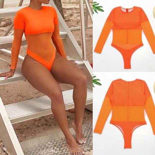 WomenS Sexy Fashion Bikini High-Leg Pants Swimsuit Bikini 2021 Ladies Push Long Sleeve See-Through Stitching One-Piece Swimsuit