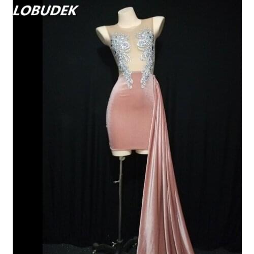 Summer Women Mesh Velvet Splicing Short Dress Fashion Shiny Rhinestones Transparent Birthday Outfit Host Singer Stage Costume