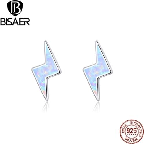BISAER Hot Sale 925 Sterling silver Lightning shape stud earrings opal zircon women fashion fine jewellery ECE860