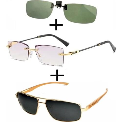 3Pcs!!! Rimless Frameless Luxury Reading Glasses for Men Women + Alloy Polarized Sunglasses Pilot + Sunglasses Clip
