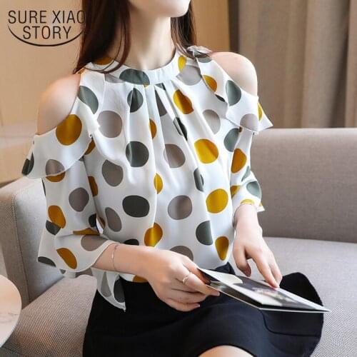 Korean Loose Polka Dot Slim Fit Short Sleeve Stand Collar Off-Shoulder Elegant Chiffon Blouse Women Tops Chemisier Femme 8983 50