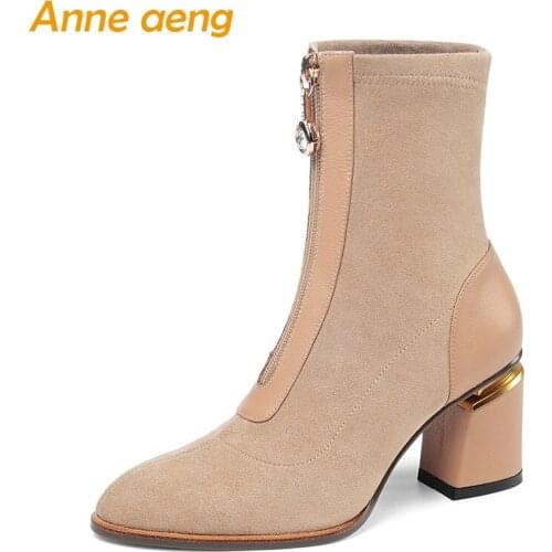 2019 New Autumn Genuine Leather Women Ankle Boots High Heel Round Toe Zipper Elegant Women Cow Suede Shoes Apricot Short Boots