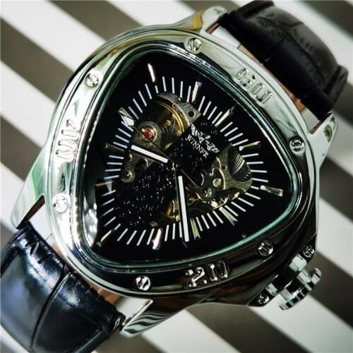 WINNER Army Automatic Watch Men Leather Strap Creative Mens Watches Triangle Luxury Skeleton Mechanical Male Clock Dropshipping
