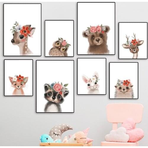 Flower Bunny Sika Deer Bear Owl Fox Nordic Posters And Prints Cute Animal Art Canvas Painting Wall Pictures For Kids Room Decor