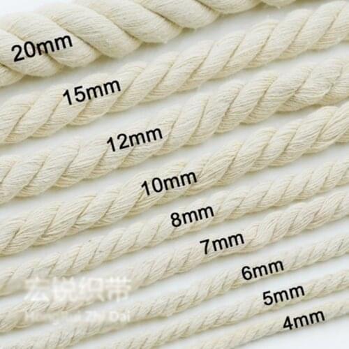 Diameter 5mm 6mm 8mm 10mm 12mm No Dyeing Cotton Original Color 100% Cotton Three Strands Twisted Rope Cords 5m or 10m