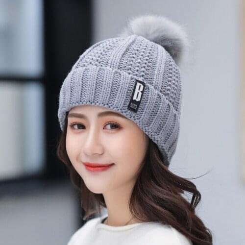 Hot Sale Female Winter Knitted Hats Add Fur Lined Warm Winter Hats For Women B Letter Keep Warm Pompoms Cap