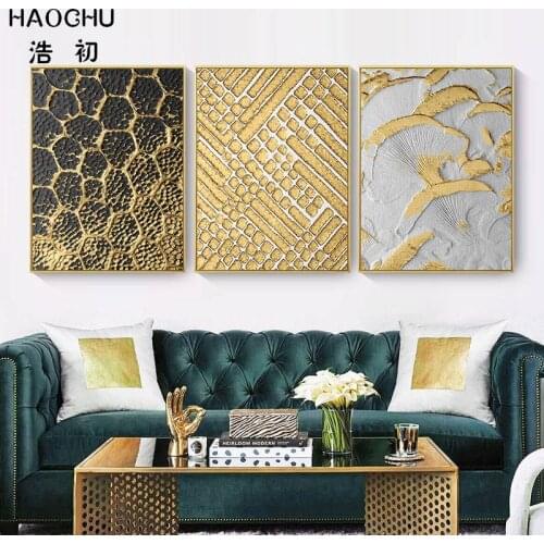 HAOCHU Canvas Painting For Living Room Hotel Decor Golden Leaf Texture Black & White Abstract Gold foil Picture Art Print Poster