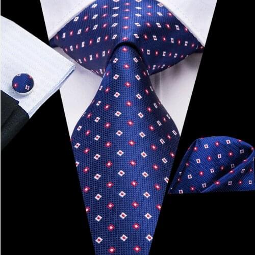 Hi-Tie Mens Tie Blue Red Dot Silk Wedding Tie For Men Hanky Cufflink Gift Nicktie Set Business Party Dropshipping Fashion Design