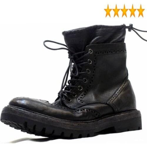 Cow Men Handmade Shoes Vintage Brogue Casual High Top Real Leather Boots Round Toe Winter Bota Masculina