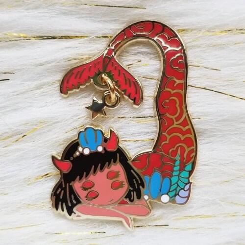 Kawaii Oni Mermaid Enamel Pin Unique Demon Girl Mythical Fantasy Horns Brooch Seashells Star Dangling Charm Ocean Badge Jewelry