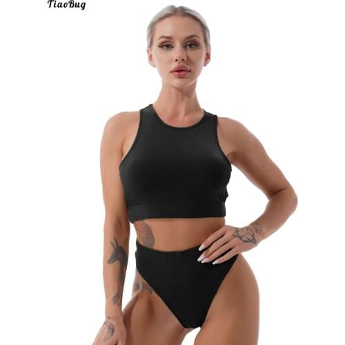 TiaoBug 2Pcs Women Summer Stretchy Crochet Sport Yoga Suit Pure Color Round Neck Sleeveless Crop Vest And Briefs Set Sportswear