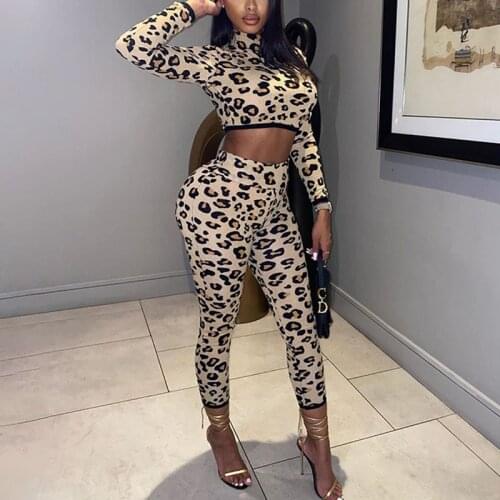 Fashion Sexy Leopard Print Tracksuit Two Piece Set Full Sleeve High Neck Crop Top And Sport Leggings Outfits Active Wear Autumn