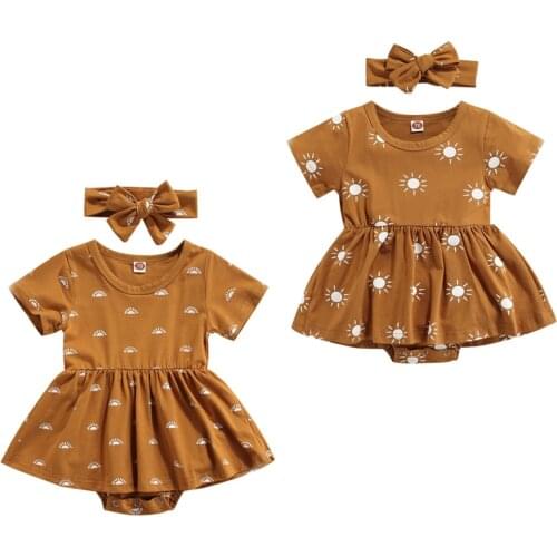 FOCUSNORM Summer Infant Baby Girls Boys Romper Dress Headband 2pcs Sun Printed Short Sleeve Ruffle Jumpsuits 0-24M