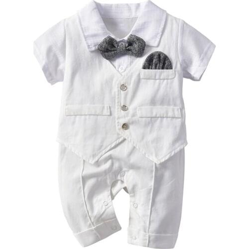 Newborn Baby Boys Summer Clothing Rompers Short White Gentleman Climbing Short-sleeved bow tie T-shirt Jumpsuit boxer+vest