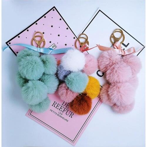 Cute Faux Fur Ball Keychain Bowknot Grape Design Pom Pom Ball Charm Purse Pendant Accessories For Handbags