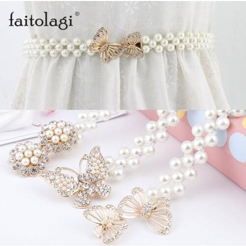 Fashion Pearl Belts For Women Dresses Elastic Buckle Ladies Belt Flower Butterfly Crystal Girls Waist Belts Waistband