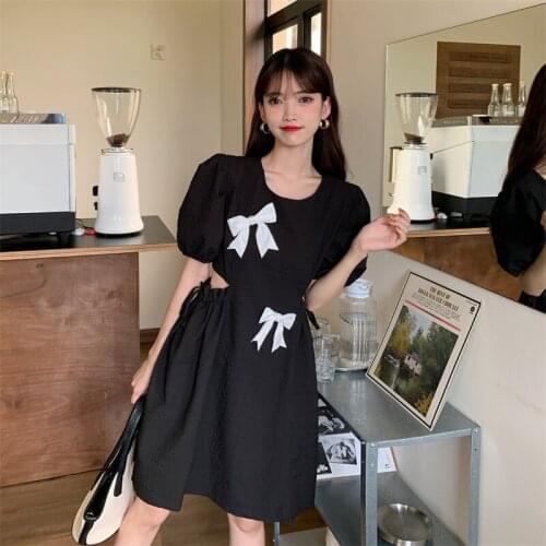 Bodycon Dress Bowknot White Short-sleeved Dress Female Summer New Style Skirt Waist Was Thinner A-line Skirt