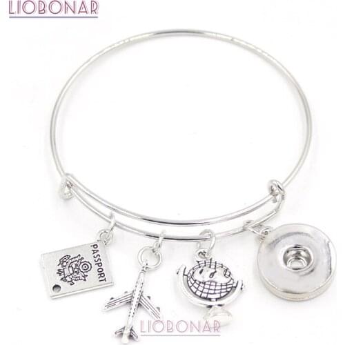 Wholesale Travel Jewelry Passport Charm Bracelet Travel Gift Airplane Expandable Bangle Snap Bracelets for Women Pulsera