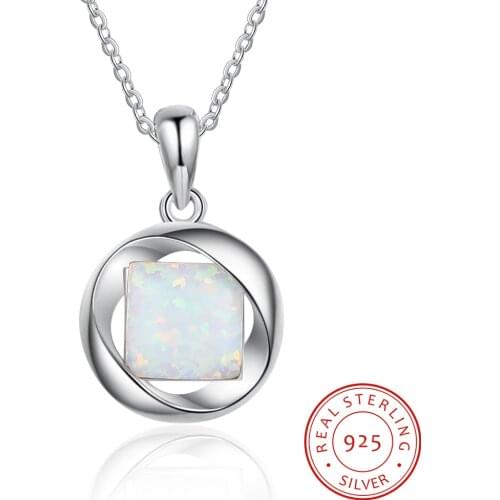 925 Sterling Silver Square Opal Stone Necklaces Round Circle Pendant Necklaces Women Fashion Statement Jewelry Gift for Girls