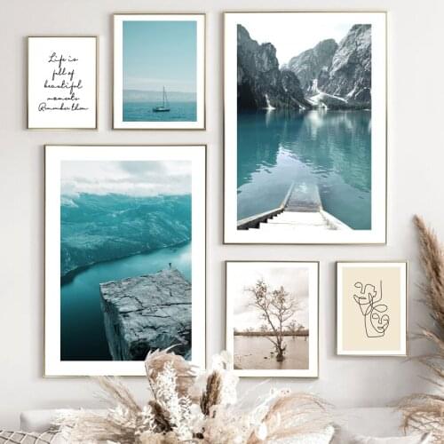 Calm Lake Tree Canyon Sea Sailing Ship Line Quotes Nordic Poster Wall Art Prints Canvas Painting Decor Pictures For Living Room