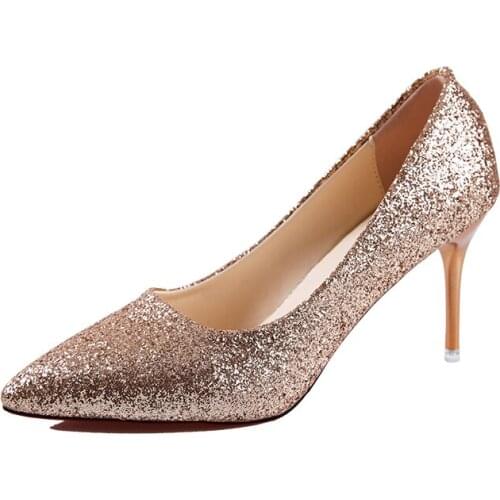 Wedding silver pointed toe high heel sequined wedding shoes gradient stiletto shoes womens banquet golden bridesmaid shoes