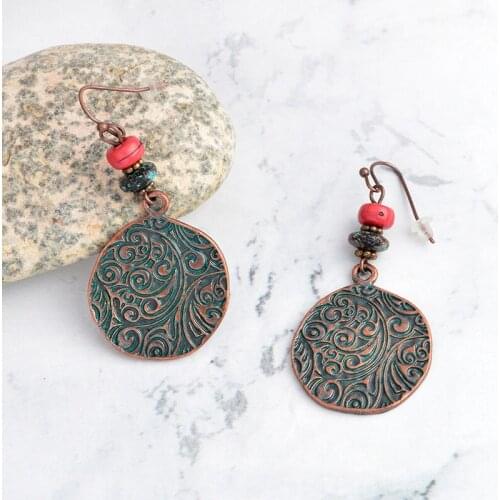 Drop Earrings Pink Beaded Bronze Round Charm Engraved Women Bohemian Vintage Earrings Boho Jewelry Ear Jewelry