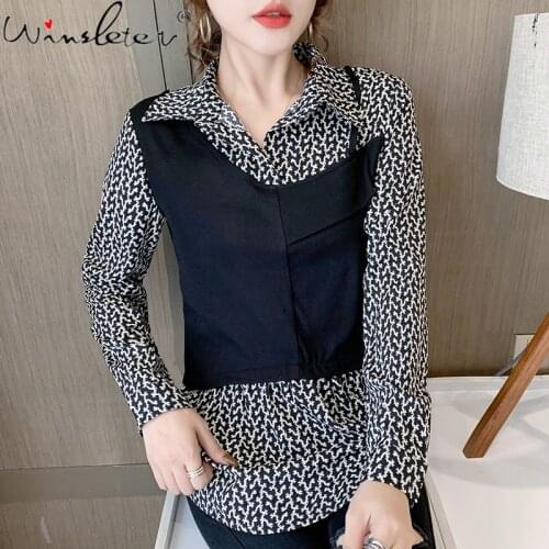 Spring Fall European Clothes Floral Blouse Fashion Patchwork Fake Two Pieces Elegant Women Print Pullover Shirt Tops New T16101A