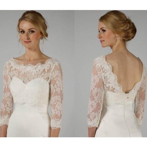 Hot Sale New Lace With Applique White Ivory Wedding Jacket 3/4 Sleeve Elegant Bride Boleros Wraps Boat Custom Size S M L XL