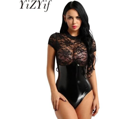 Womens Female Wetlook Clubwear Faux Leather Lingerie Top Lace Splice High Cut Back Zipper Teddy Bodysuit Leotard Bodystocking
