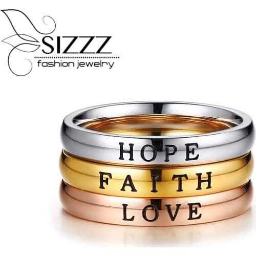 SIZZZ 3MM face width 3 color stainless steel corrosion Letter "HOPE/LOVE/FAITH" ring for women