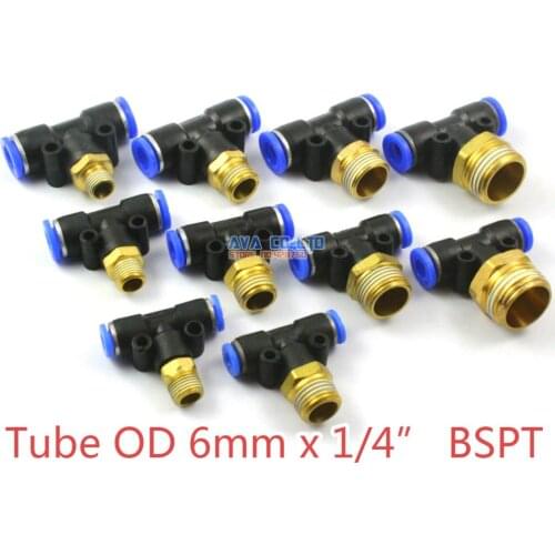 10 Pieces Tube OD 6mm x 1/4" BSPT Male Tee Pneumatic Connector Push In To Connect Fitting One Touch Quick Release Air Fitting