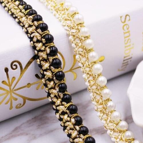 2Yards White Black Pearl Beaded Lace Trim Tape Lace Ribbon African Lace Fabric Collar Dress Sewing Garment Headdress Materials